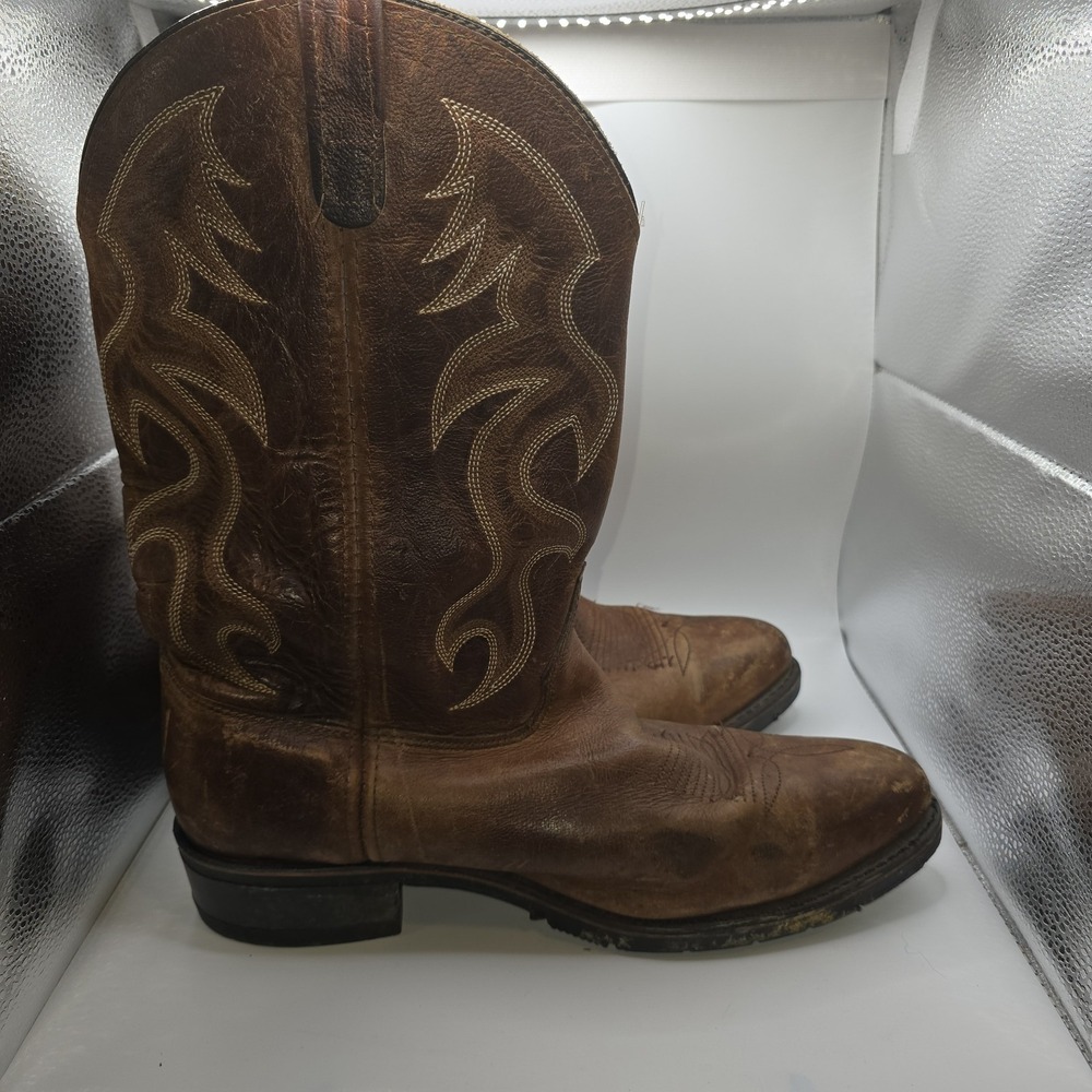 Double-H Size 7 Steel Toe Western Cowboy Boots Brown Leather Pull-On